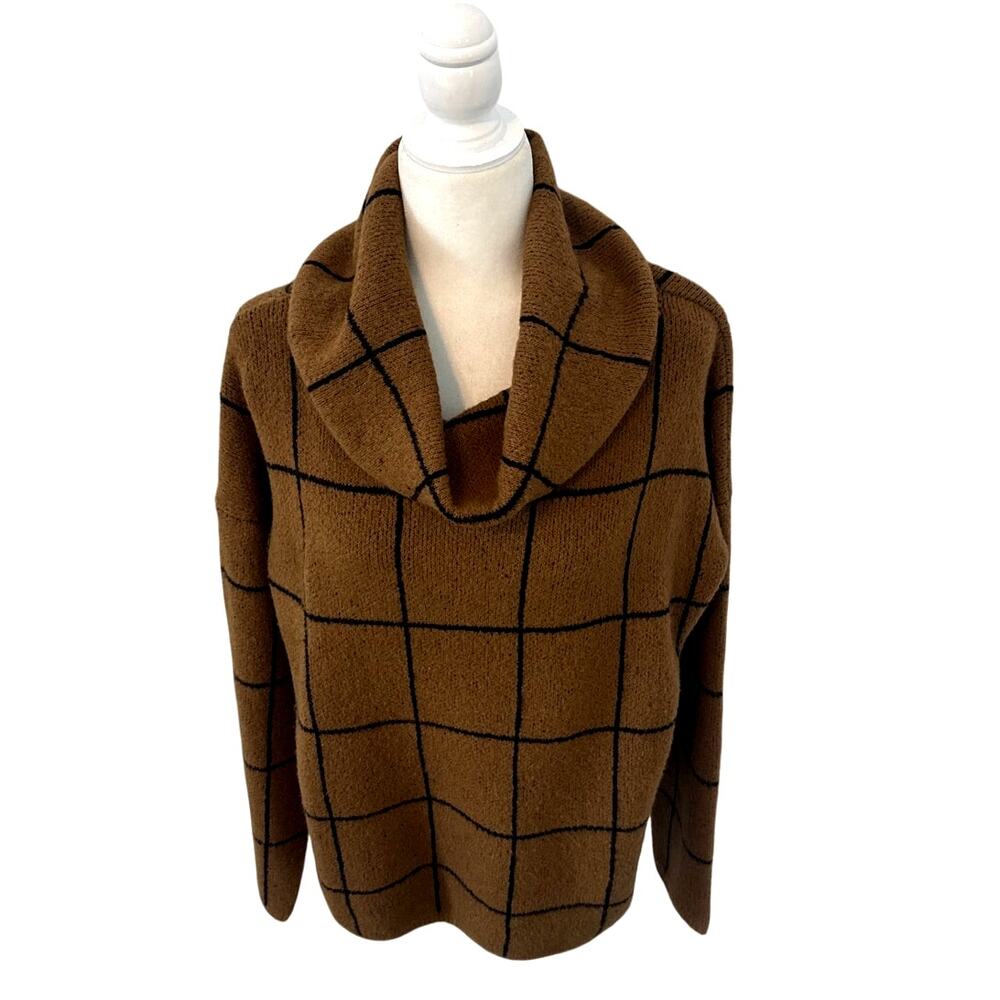 Fab'rik Gold/Brown and Black Grid Print Cowl Neck Sweater Large NWOT